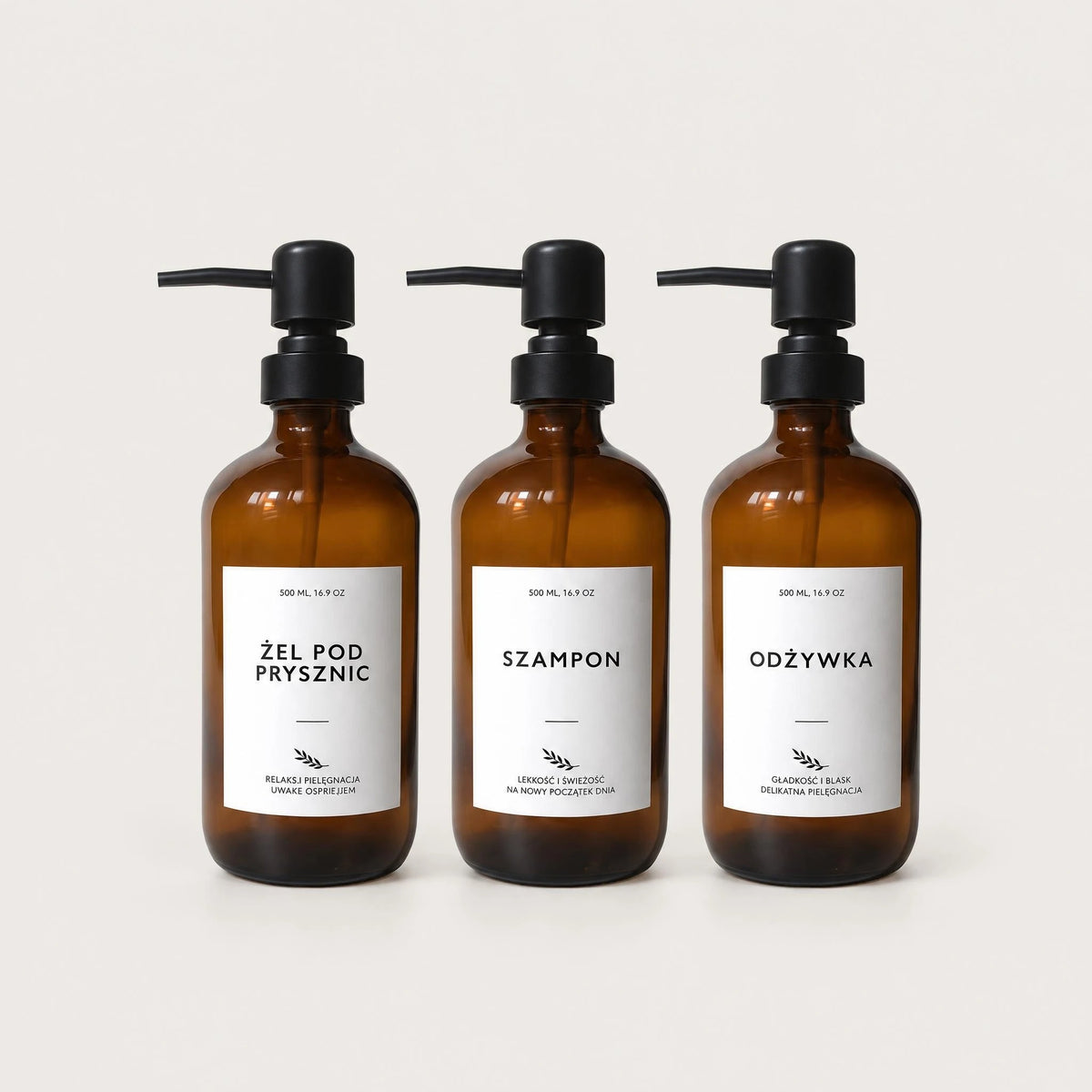 Szklane Dozowniki z Pompką 3x500ml Szampon Mydło