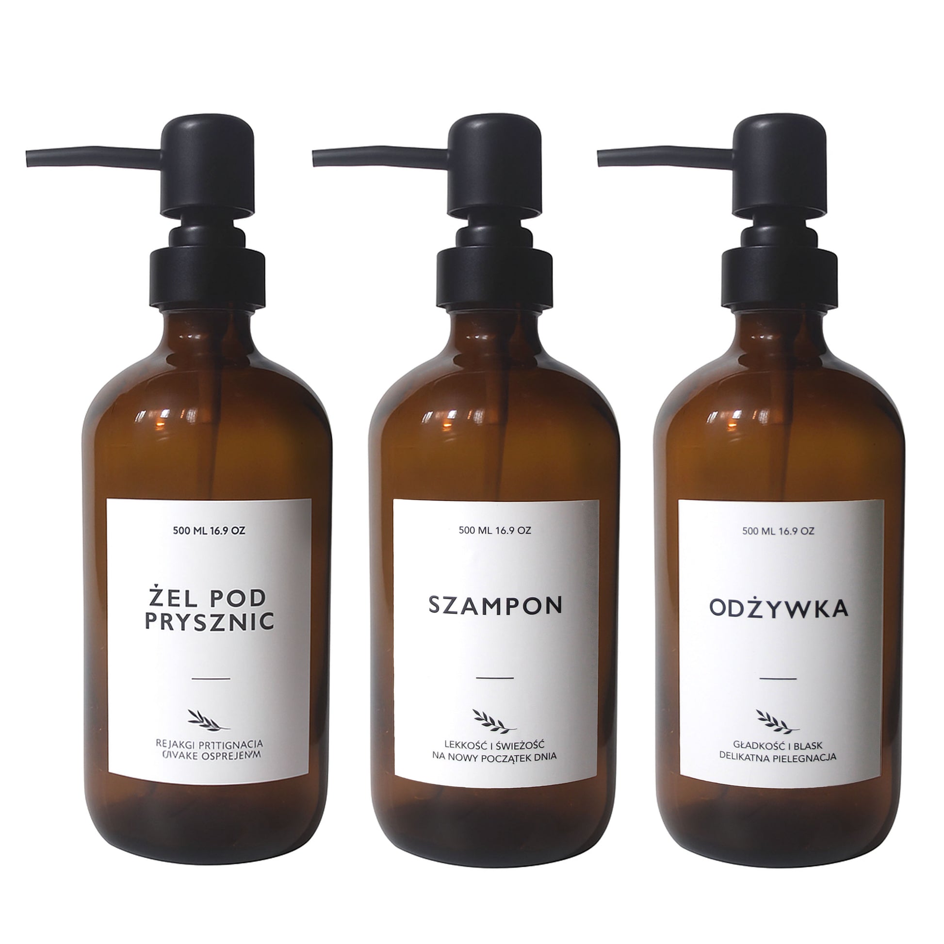 Szklane Dozowniki z Pompką 3x500ml Szampon Mydło