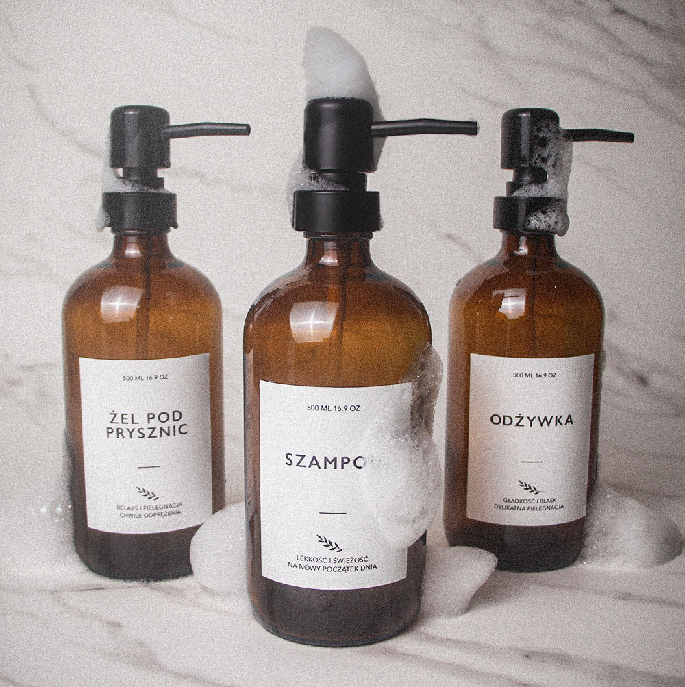 Szklane Dozowniki z Pompką 3x500ml Szampon Mydło